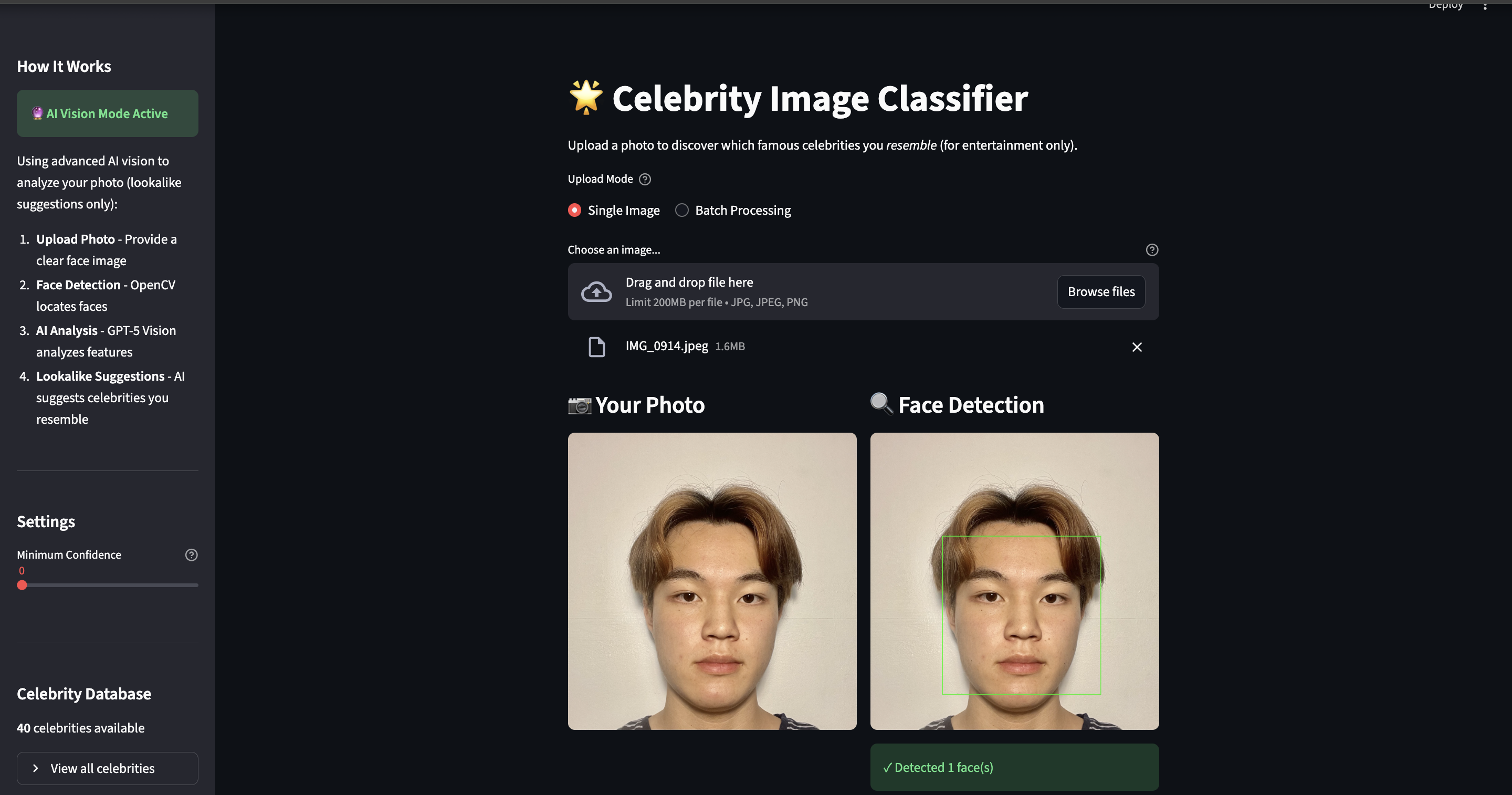 Celebrity Image Classifier interface showing face recognition and celebrity matching results