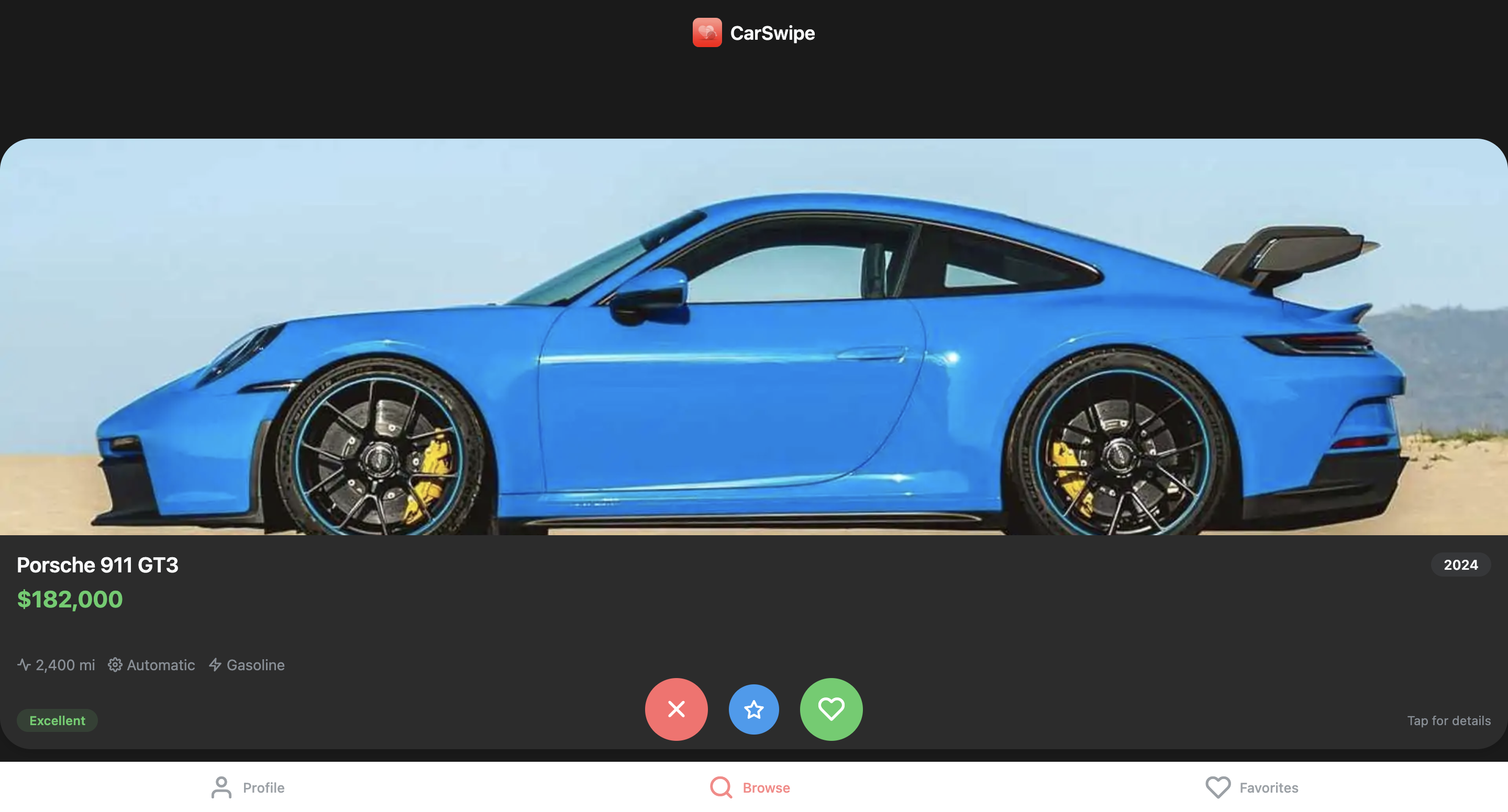 Blue Porsche 911 GT3 supercar with car details and swipe action buttons