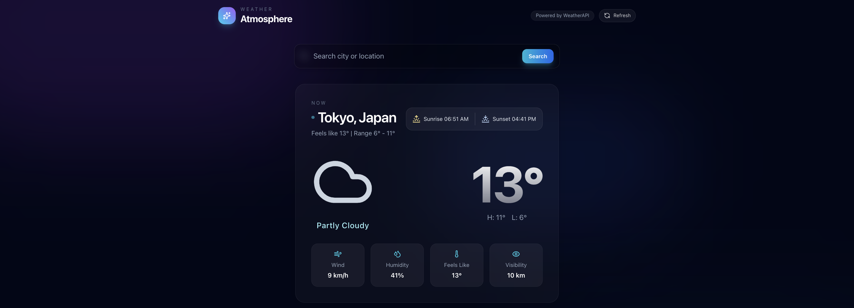 Weather Atmosphere UI showing a city search bar and a weather card for Tokyo, Japan