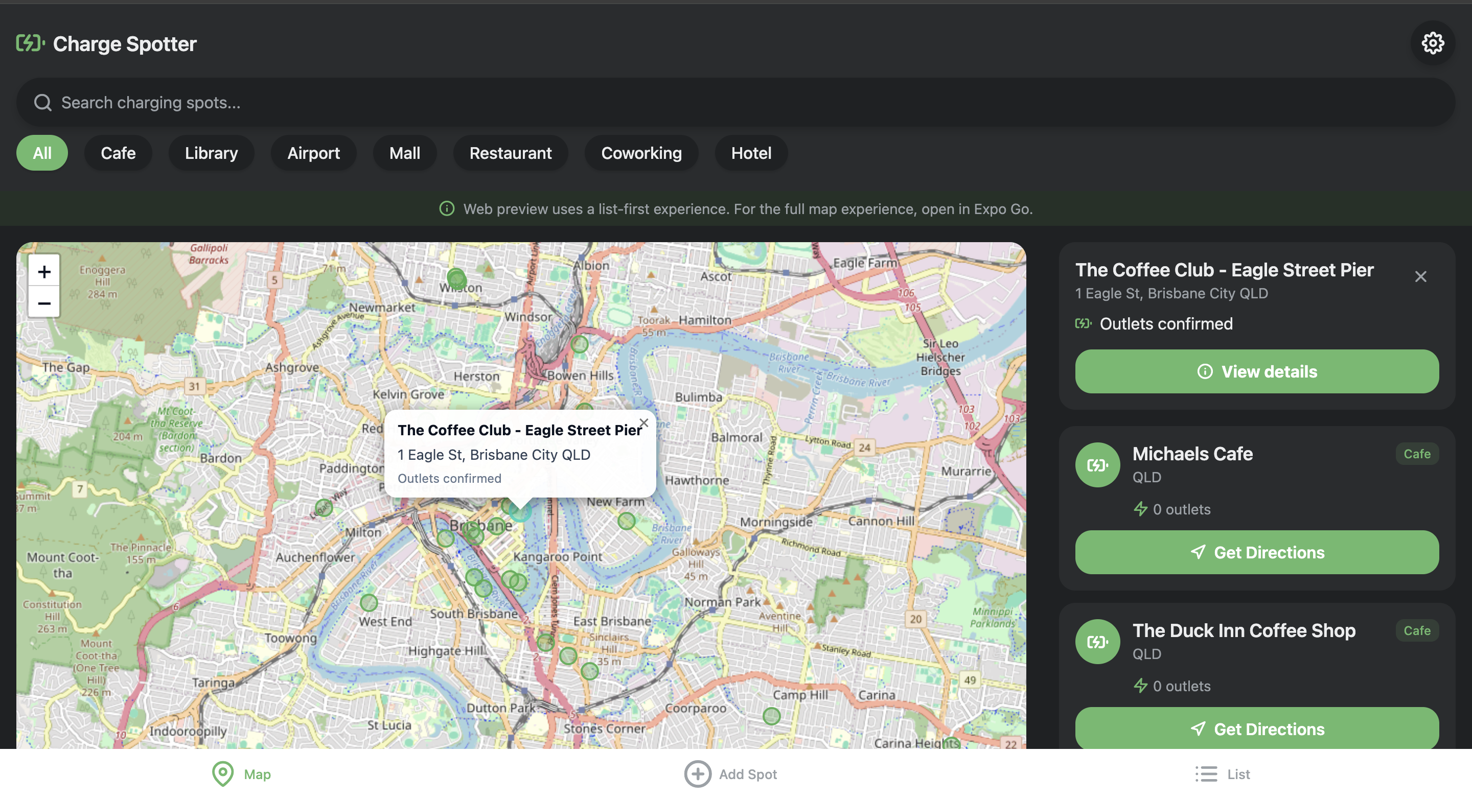 Charge Spotter app interface showing Brisbane map with charging spot locations, search bar, category filters, and list view